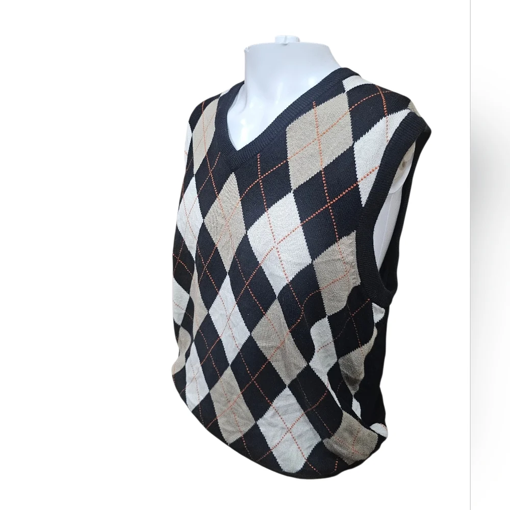 Alan Flusser Golf Argyle Sweater Vest Men’s Medium‎ Black Beige Pima Cotton